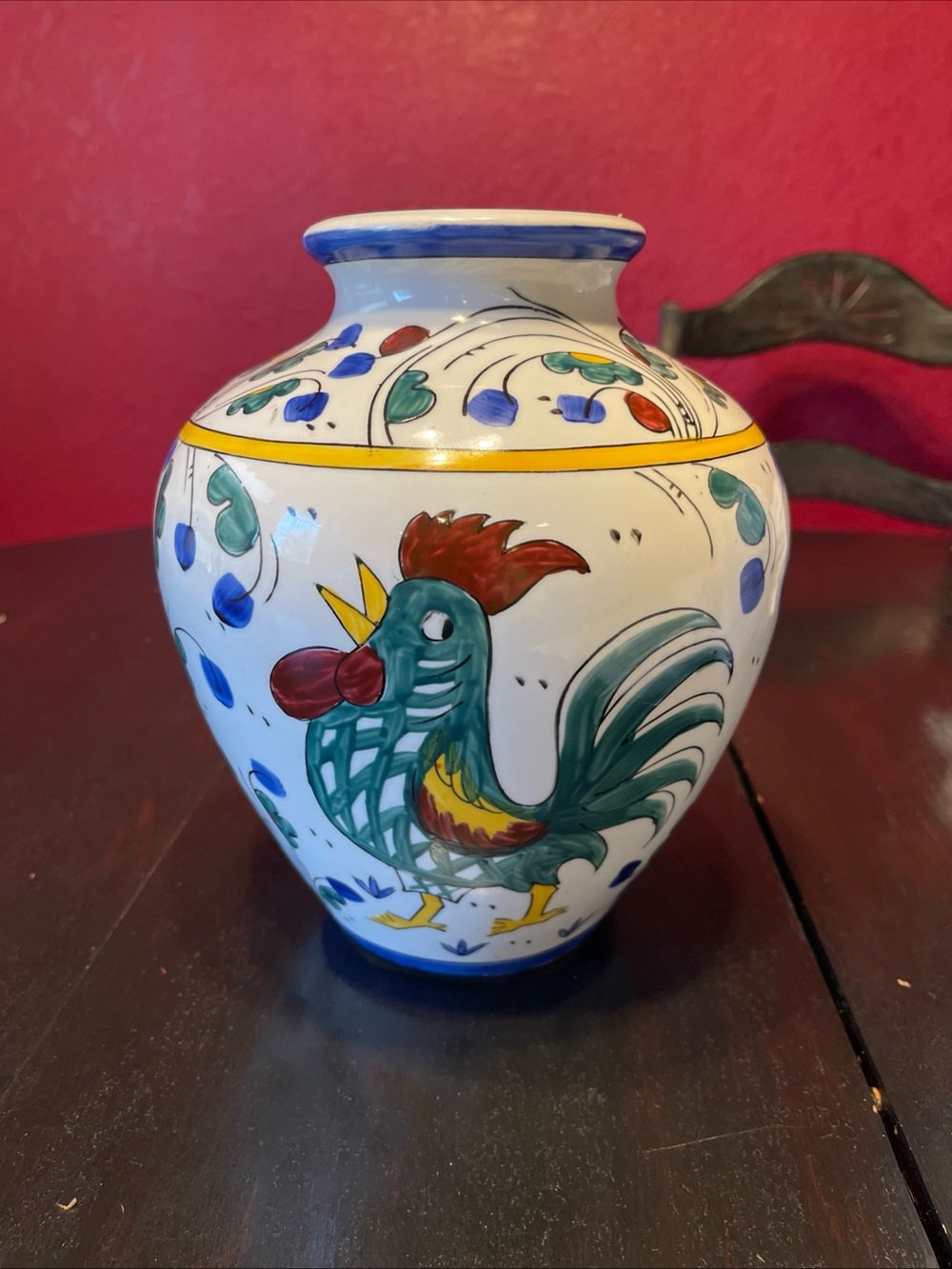 Vintage, hand-painted ceramic Deruta Majolica rooster vase